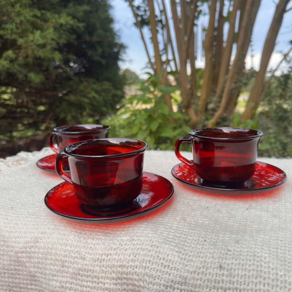 Arcoroc France Ruby Red Glass Cup & Saucer Set 6pc Vintage 1970s MCM Christmas